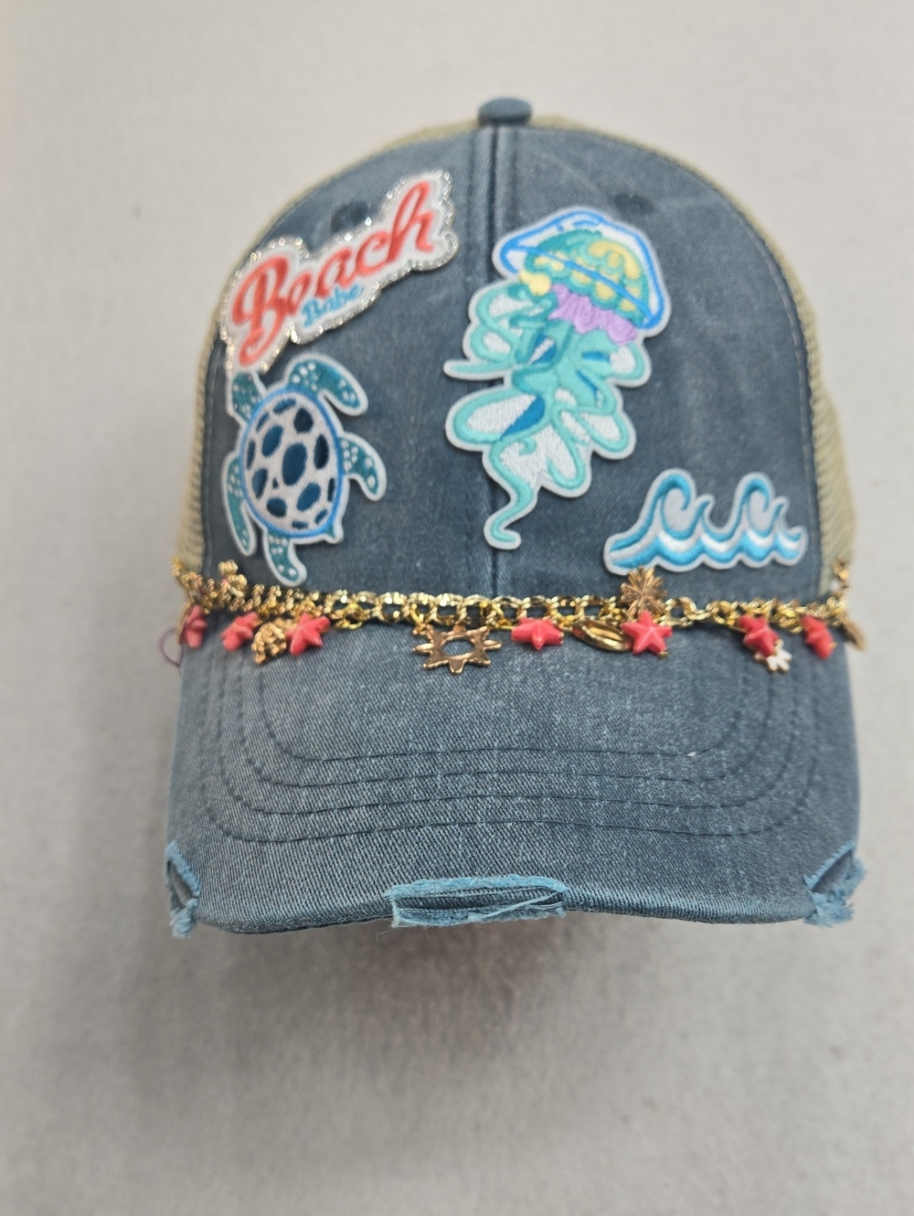 Adams Distressed Beach-Themed Trucker Hat with Embellishments